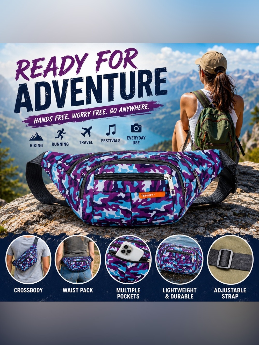 Purple Blue Camo Sport Waist Pack Fanny Pack Belt Bag Adjustable Strap- Unisex